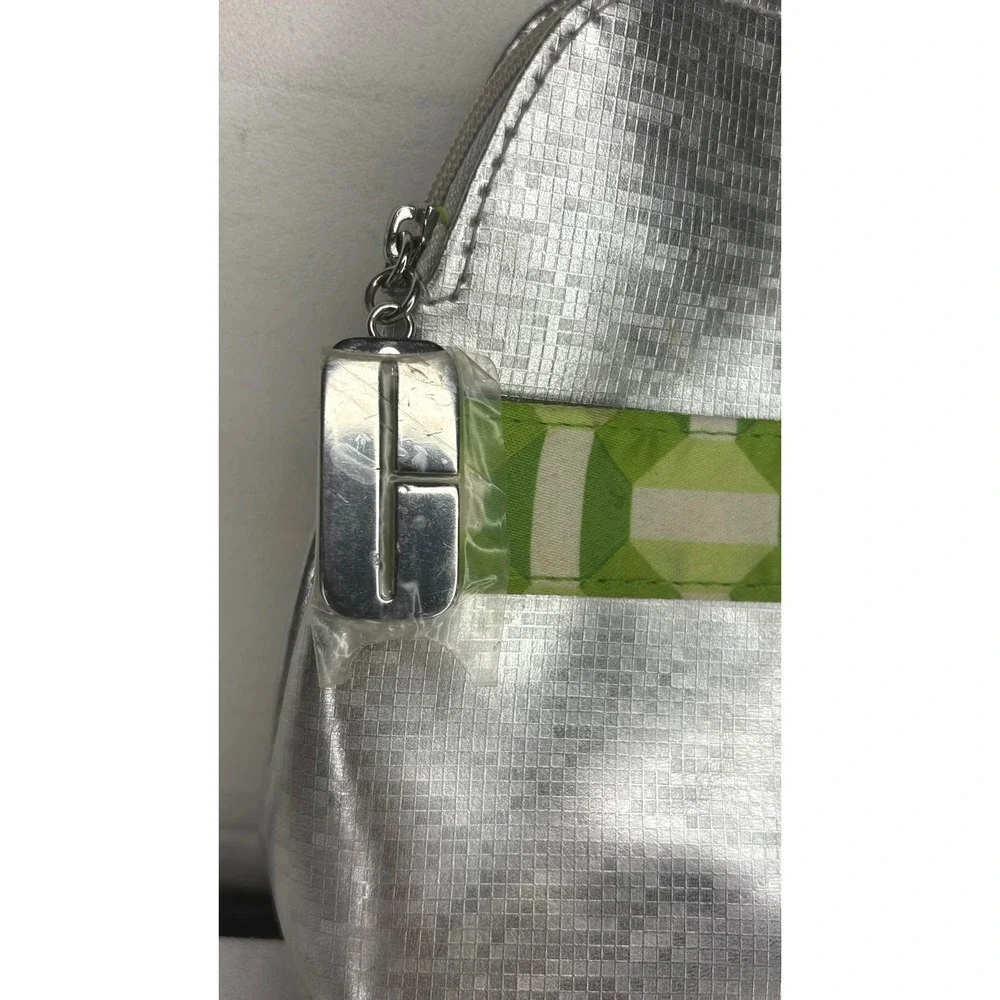 Clinique Silver Metallic Grid Makeup Bag Green Geometric Ribbon Cosmetic Case